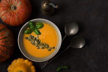 Hot autumn pumpkin soup with pumpkin seeds, top view