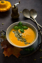 Hot autumn pumpkin soup with pumpkin seeds