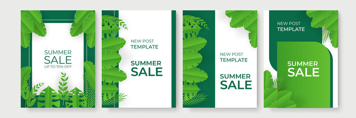Set of summer sale tropical background vector illustration with green paper cut leaves. Exotic tropical leaves frame Lovely natural frame with tropical