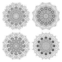 Set of Mehndi flower. decorative ornament in ethnic oriental style. coloring book page. Emblem luxury beauty spa, cosmetics, jewelry, hotel, restaurant. Wedding elegant outline frame. Vintage premium 