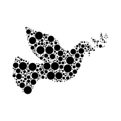 A large dove of peace symbol in the center made in pointillism style. The center symbol is filled with black circles of various sizes. Vector illustration on white background