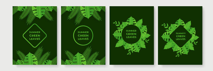 Green summer background with tropical papercut leaves. Collection of vertical summer backgrounds with frames or borders made of green tropical palm leaves or jungle exotic foliage and place for text. 
