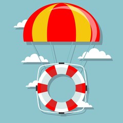 Life buoy with parachute in the sky.