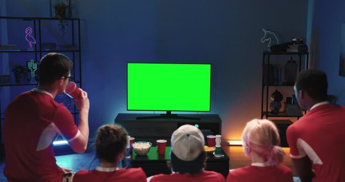 Back view of multi-ethnic young happy friends sitting on couch in living room spending evening together watching TV with chroma key drinking and eating, sport fans having fun, leisure concept