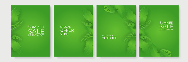 Green summer background with tropical papercut leaves. Collection of vertical summer backgrounds with frames or borders made of green tropical palm leaves or jungle exotic foliage and place for text. 
