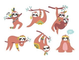 Obraz na płótnie Canvas Vector childish set of cute bohemian sloth. Ideal kids design, for fabric, wrapping, textile, wallpaper, apparel