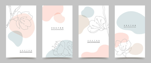 Vector set of background templates with trendy colored shapes and minimal hand drawn flowering branch. Illustration for posters, wedding invitations, social media posts and stories, covers.