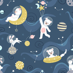 Cute little white bears and bunnies on a space adventure among gray and gold planets, moons and stars on a dark blue background. Seamless repeated surface vector pattern.
