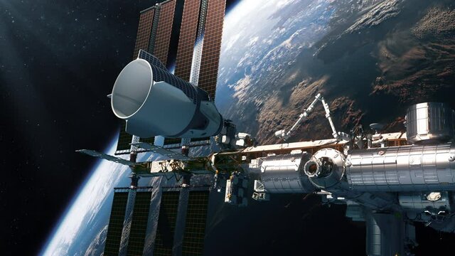 Commercial Spacecraft Docking To International Space Station. 4K. Ultra High Definition. 3D Animation. 3840x2160.