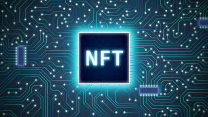 Glowing NFT Chip on Blue Cuircuit Board Background. Crypto Art Vector Illlustration. Blockchain Tech Background. Futuristic Wallpaper.  Digital Art Banner. Non Fungible Token Technology Art