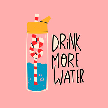 Daily water flask with a striped straw. Drink more Water text. Glass only, Plastic free, zero waste concept. Hand drawn trendy Vector illustartion. Pre-made poster or print template