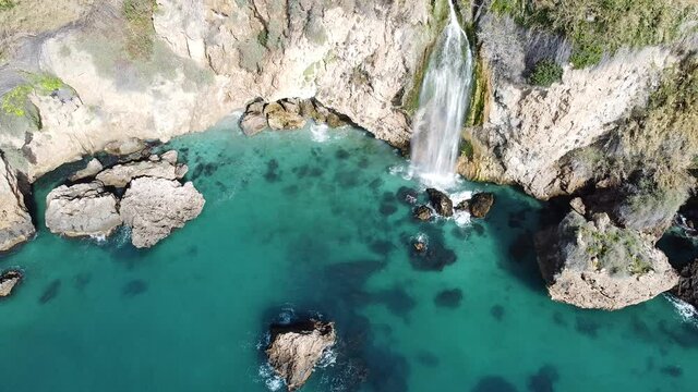 Aerial view with a drone of a waterfall in Nerja, Malaga, Spain. One of the most nature place in Malaga.