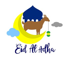 eid al adha card greeting  flat design concept with goat on the moon