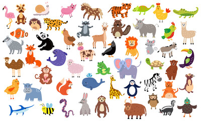 Obraz na płótnie Canvas Large set of cute animals. Nursery characters for children's design. Vector illustration
