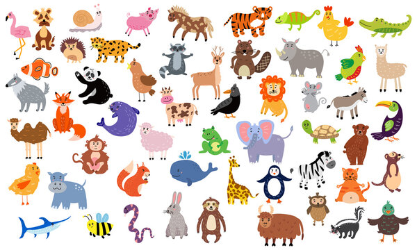 Large set of cute animals.  Nursery characters for children's design. Vector illustration