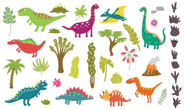 Large set of cute dinosaurs and tropical plants.  Nursery characters for children's design. Vector illustration