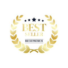 Best seller award brand premium gold laurel wreath badge logo design five star vector isolated on white background.