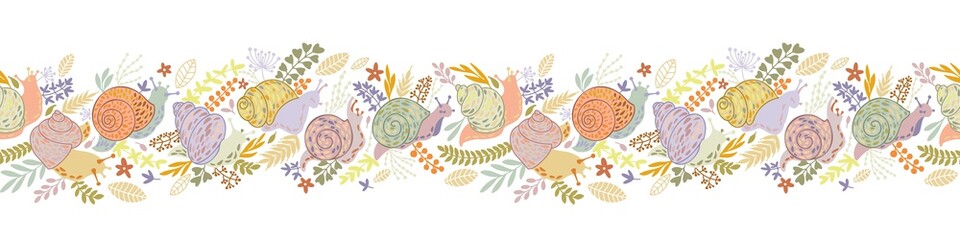 Funny cartoon animals. Hand draw illustration of a baby snails and flowers. Character vector border in doodle style. Cute design for kids clothing, for packaging design, logo, label, banner or print.