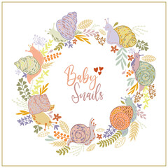 Funny cartoon animals. Hand draw illustration of a baby snails and flowers. Vector frame, wreath in doodle style. Cute design for kids clothing, for packaging design, logo, label, banner, or print.