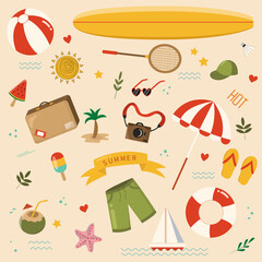 A collection of images of items related to summer and vacation. Beach umbrella, bouncy ball, surfboard, suitcase, ice cream, sun, beach, photo camera, etc.