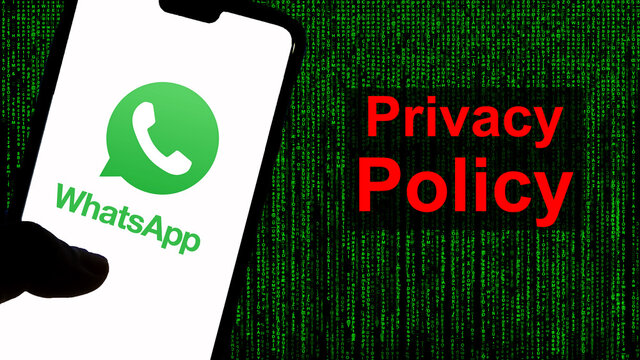 WhatsApp Privacy Policy Controversy. Privacy Policy In Red Against The WhatsApp Logo And Green Text Background.