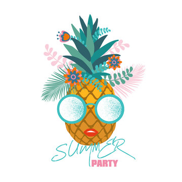 Vector illustration of a cheerful pineapple with glasses.Typography for printing T-shirts, vector illustration.