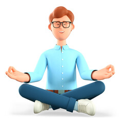 3D illustration of meditating man sitting on the floor in yoga lotus position. Cute cartoon relaxing smiling businessman with closed eyes and wise gesturing. Keep calm business concept.