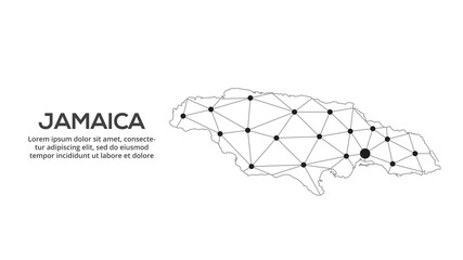 Jamaica communication network map. Vector image of a low poly global map with city lights. Map in the form of lines and dots
