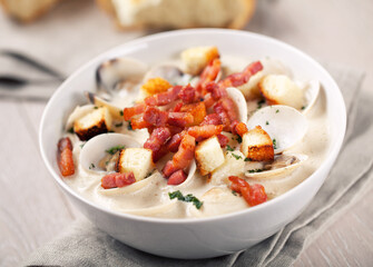 Creamy Clam Chowder on a plate. High quality photo.