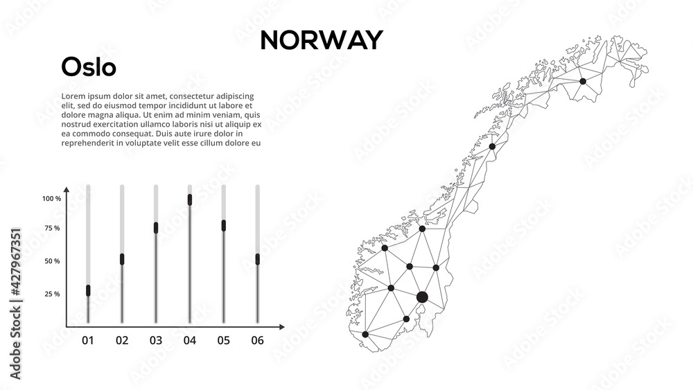 Poster norway communication network map. vector image of a low poly global map with city lights. map in the