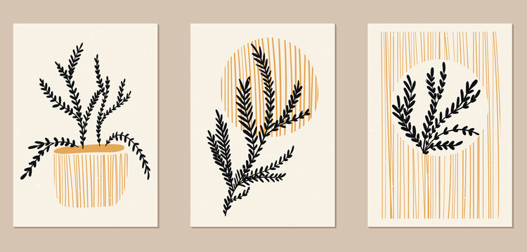 A set of three abstract minimalist aesthetic floral illustrations. Dark silhouettes of plants on a light background. Modern vector posters for social media, web design in vintage scandinavian style.