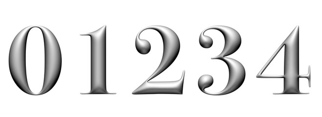 3d alphabet, metallic numbers 01234, 3d illustration