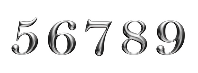 3d alphabet, metallic numbers 56789, 3d illustration