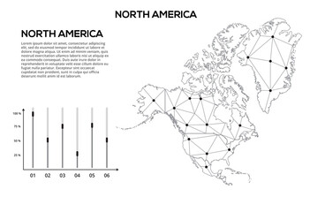 North America communication network map. Vector image of a low poly global map with city lights. Map in the form of lines and dots