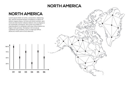 North America communication network map. Vector image of a low poly global map with city lights. Map in the form of lines and dots