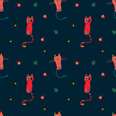 Vector seamless pattern with cute cats in the Scandinavian style on a colored background. Children's illustration for pajamas, posters, postcards, toys, clothing