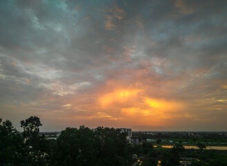 Nature photography, beautiful weather conditions in the city, sunset scenery view of blue sky and cloudy background, storm clouds time lapse