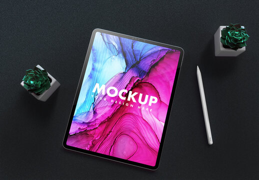 Tablet Mockup with Doodle Pen with Trendy Succulents Flowers