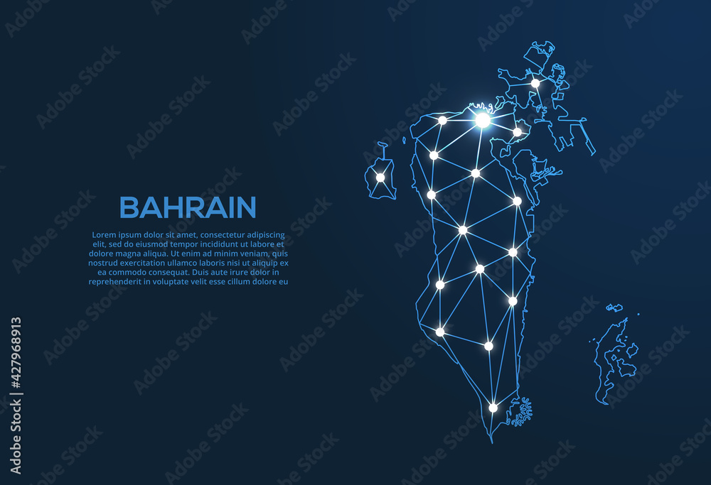 Poster bahrain communication network map. vector low poly image of a global map with lights in the form of 