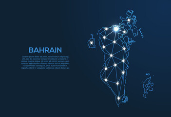 Bahrain communication network map. Vector low poly image of a global map with lights in the form of cities. Map in the form of a constellation, mute and stars