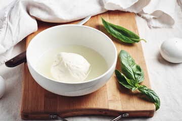 Mozzarella cheese ball in a bowl.