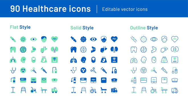 90 Healthcare Icons • Flat, Solid And Outline Style