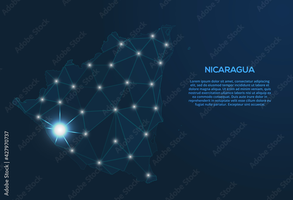 Poster Nicaragua communication network map. Vector low poly image of a global map with lights in the form of cities. Map in the form of a constellation, mute and stars