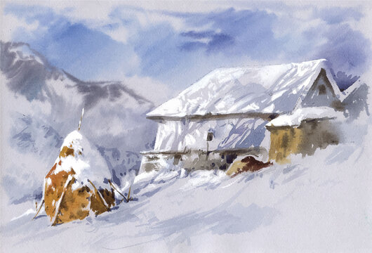 Hand drawn mountain hut in winter background