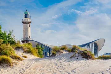 Poster lighthouse in Warnemuende Rostock. Germany baltic sea vacation. © eplisterra