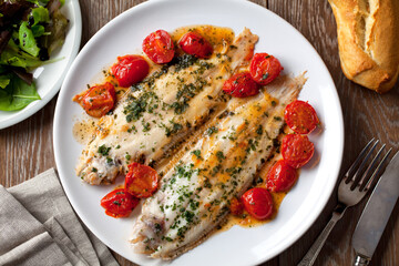 Sole with cherry tomatoes on a plate. High quality photo.