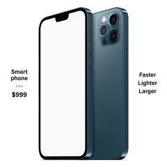 smartphone frameless blue color with blank screen saver front and backside view isolated on white background. mockup of realistic new mobile phone with shadow. vector 3d isometric illustration