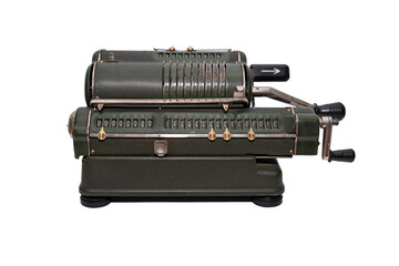 Dark green mechanical vintage calculator isolated on white background