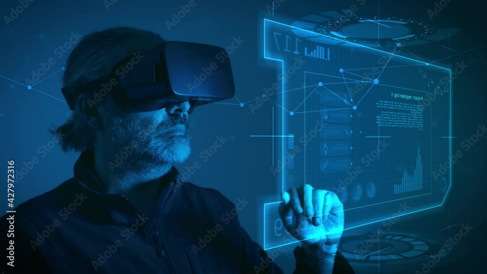 Wall mural engineer wearing vr smart glasses uses a virtual touch screen interface. concept of futuristic engin