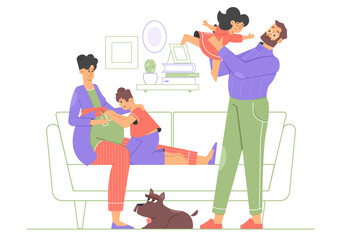 Happy family in the living room. Pregnant mother sitting on couch, son touching tummy. Dad is playing with his little daughter. Vector flat illustration.